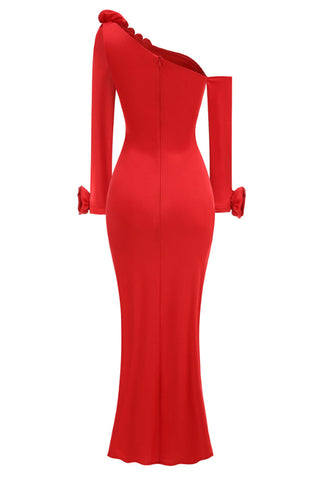 Slanted Shoulder Ruched Rose Flowers Dress