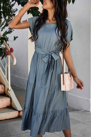 Pure Color Simple Restraint Waist Midi Dress(3 Colors)