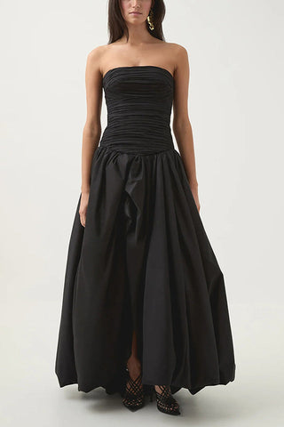 Strapless Ruched Puff Maxi Dress