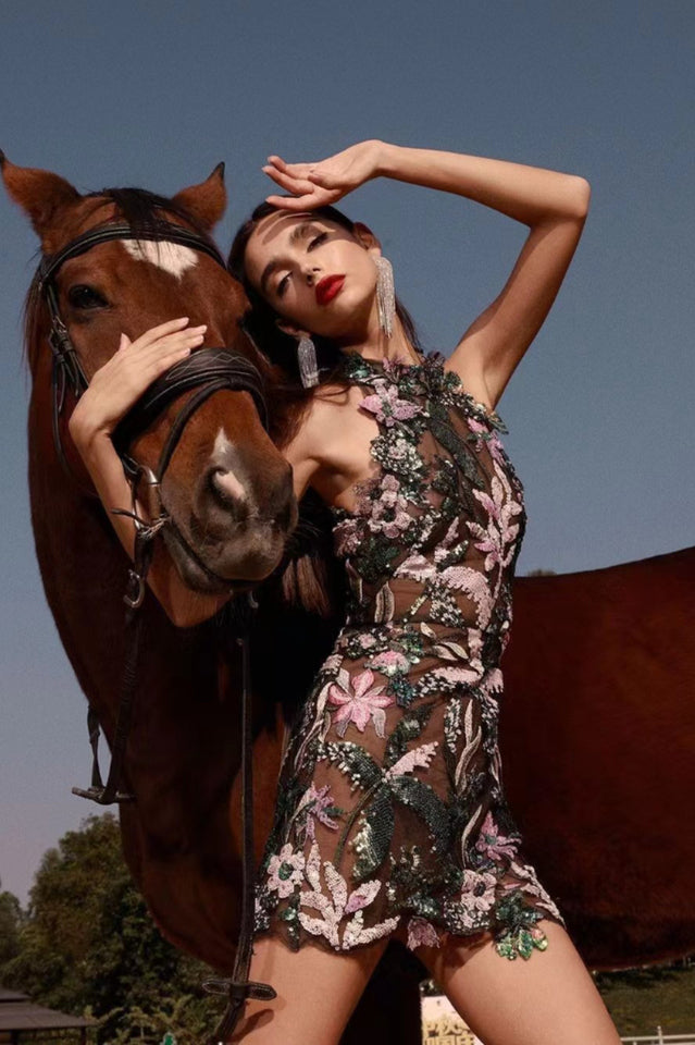 Tropical Floral Embroidered Mini Dress