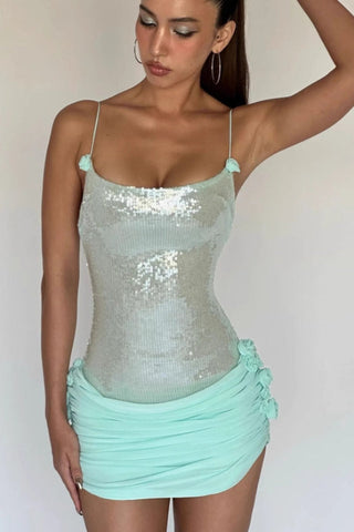 Sequin Floral Draped Corset Dress
