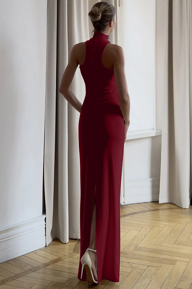 Golden Bead Trim Halter Sheath Dress