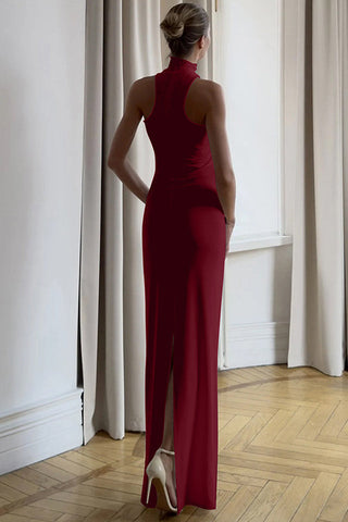 Golden Bead Trim Halter Sheath Dress