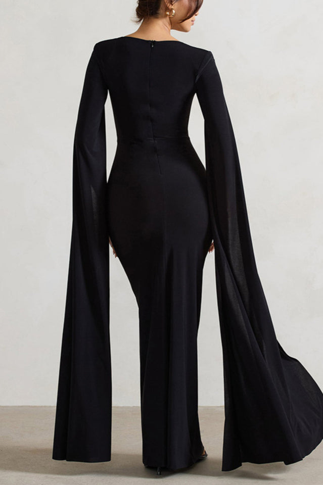 Maroon Extented Cape Sleeve Maxi Dress