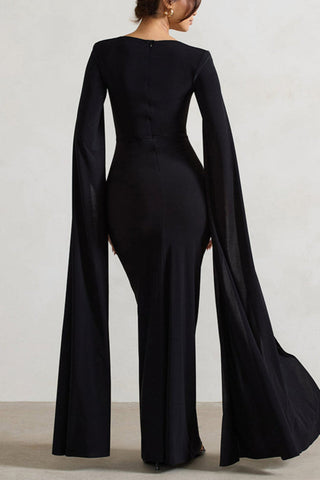 Maroon Extented Cape Sleeve Maxi Dress