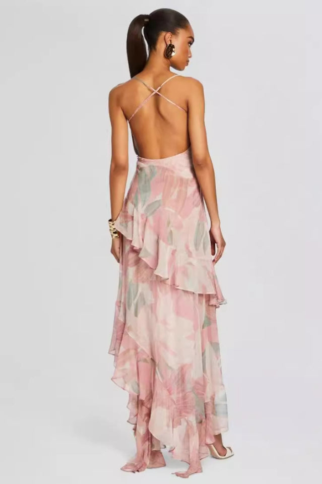 Printed Ruffle Asymmetric Maxi Dress