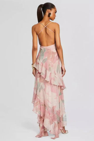 Printed Ruffle Asymmetric Maxi Dress