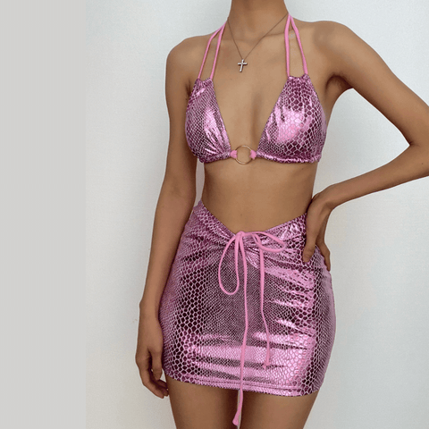 Snakeskin metallic halter o ring self tie mini skirt 3 piece swimwear