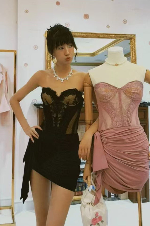 Strapless Lace Corset Draped Dress