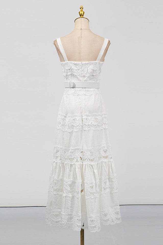 White Linen Lace Insert Midi Dress