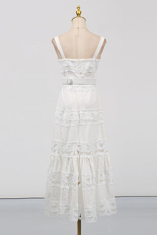 White Linen Lace Insert Midi Dress