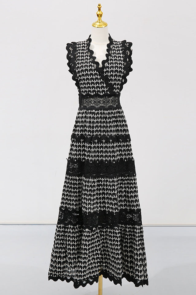 Laser Cut Wavy Trim Maxi Dress