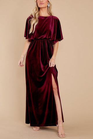 Velvet Wlastic Waist Slit Maxi Dress