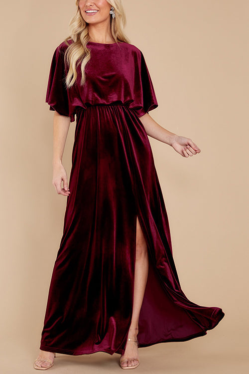 Velvet Wlastic Waist Slit Maxi Dress