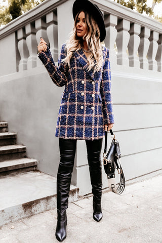 Woolen Print Lapel Mid-Length Coat