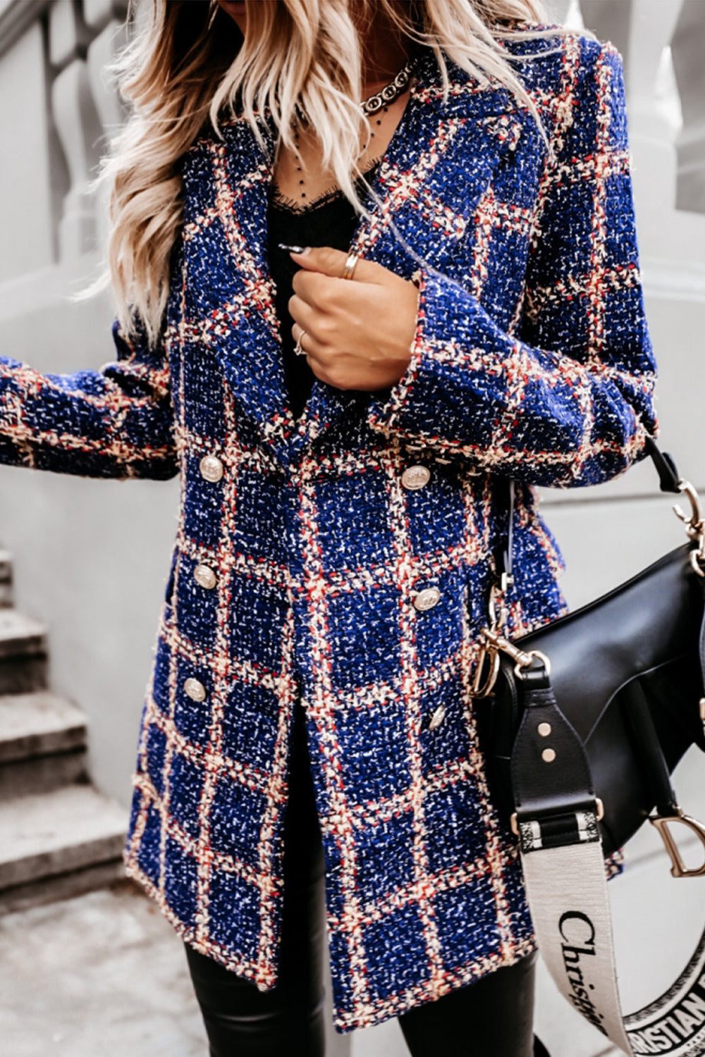 Woolen Print Lapel Mid-Length Coat