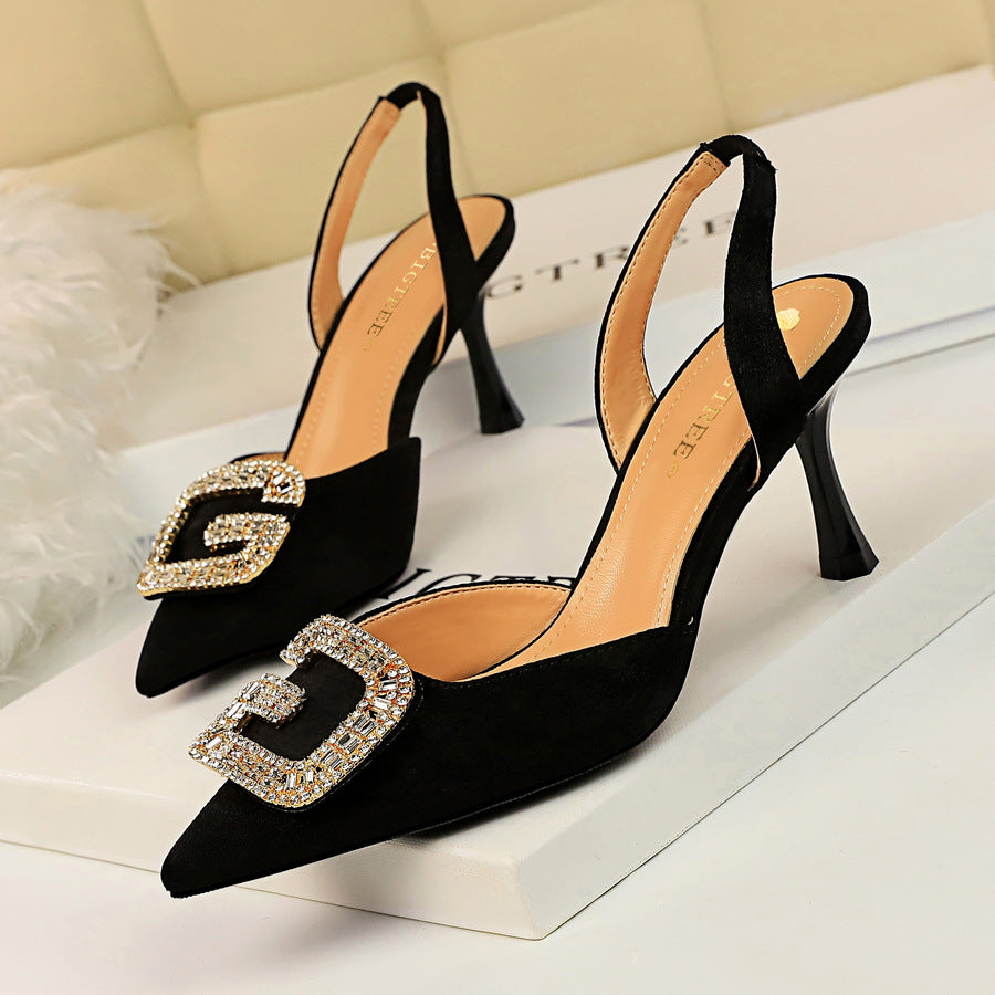 Women's Toe Suede Back Strap Metal Rhinestone Heels