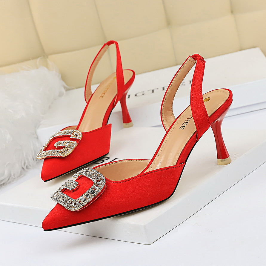 Women's Toe Suede Back Strap Metal Rhinestone Heels