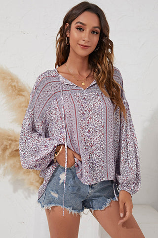 V-Neck Tie Floral Puff Sleeve Shirt