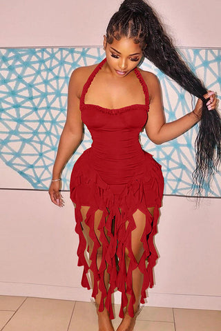 Ruffle Tassel Halter Bustier Mini Dress