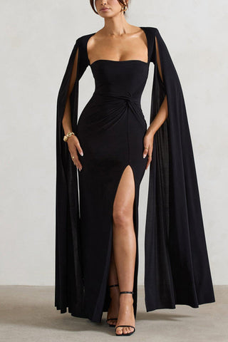 Maroon Extented Cape Sleeve Maxi Dress