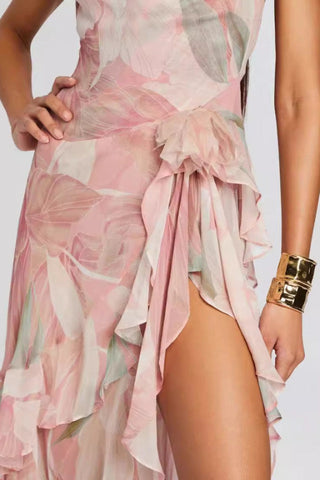Printed Ruffle Asymmetric Maxi Dress