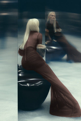 Long Sleeve Draped Mesh Maxi Dress