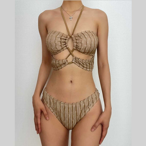 Cross front textured hollow out halter backless bikini swimwear