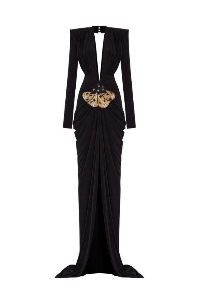 Embellished V Neck Draped Gown
