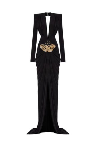 Embellished V Neck Draped Gown