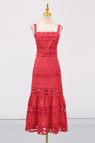 White Linen Lace Insert Midi Dress