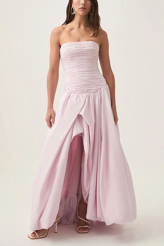 Strapless Ruched Puff Maxi Dress