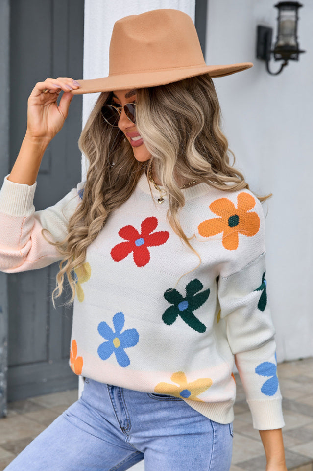 Flower Round Neck Long Sleeve Sweater