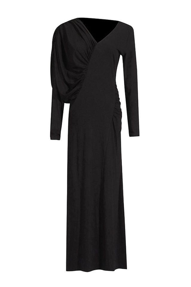 Asymmetric V-Neck Pleated Maxi Dress