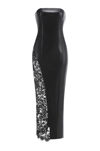 Faux Leather Gown with Lace Detail