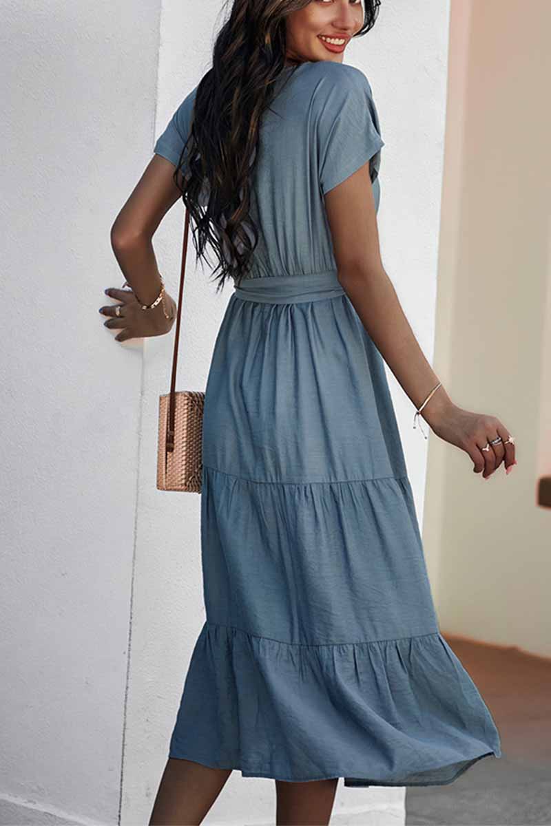 Pure Color Simple Restraint Waist Midi Dress(3 Colors)