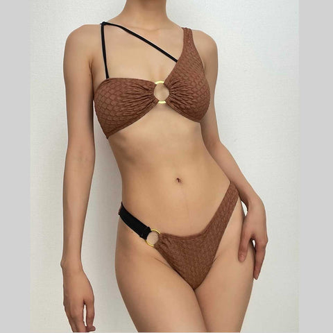 Contrast textured irregular o ring bikini swimwear