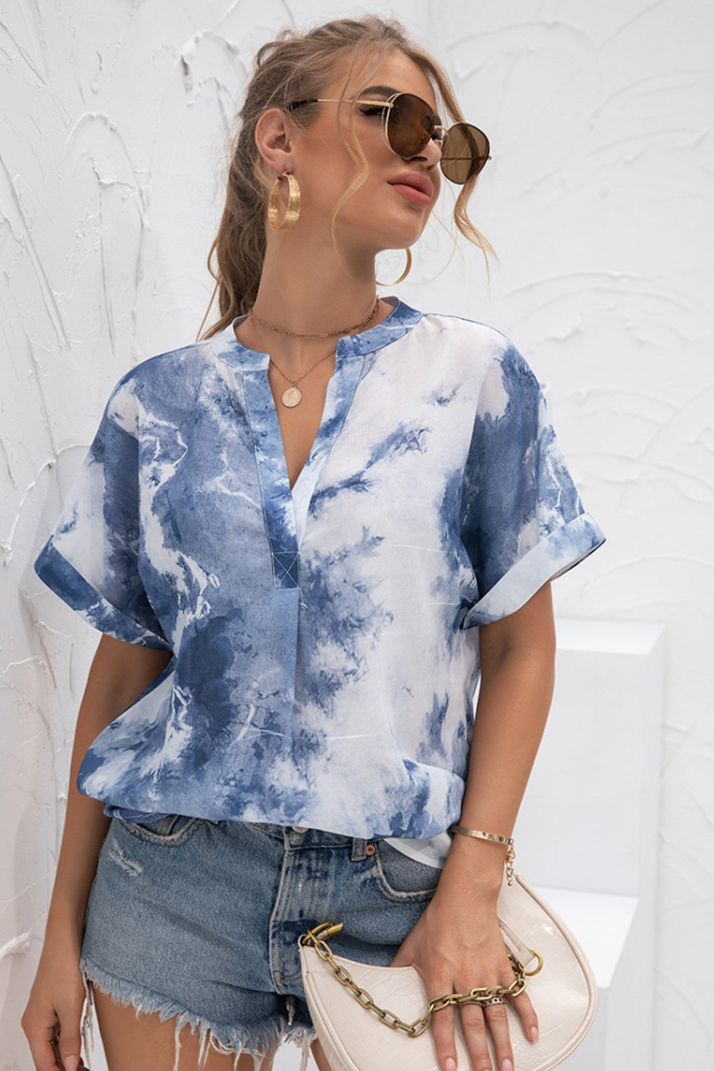 V-Neck Tie-Dye Print Chiffon Shirt