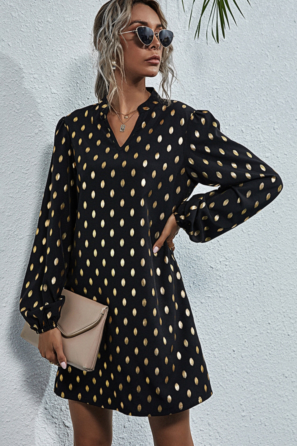 V-neck Polka Dot Long Sleeve Dress