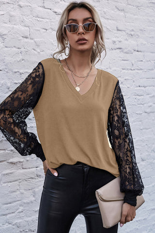 V-neck Stitching Lace Sleeve Top