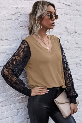 V-neck Stitching Lace Sleeve Top