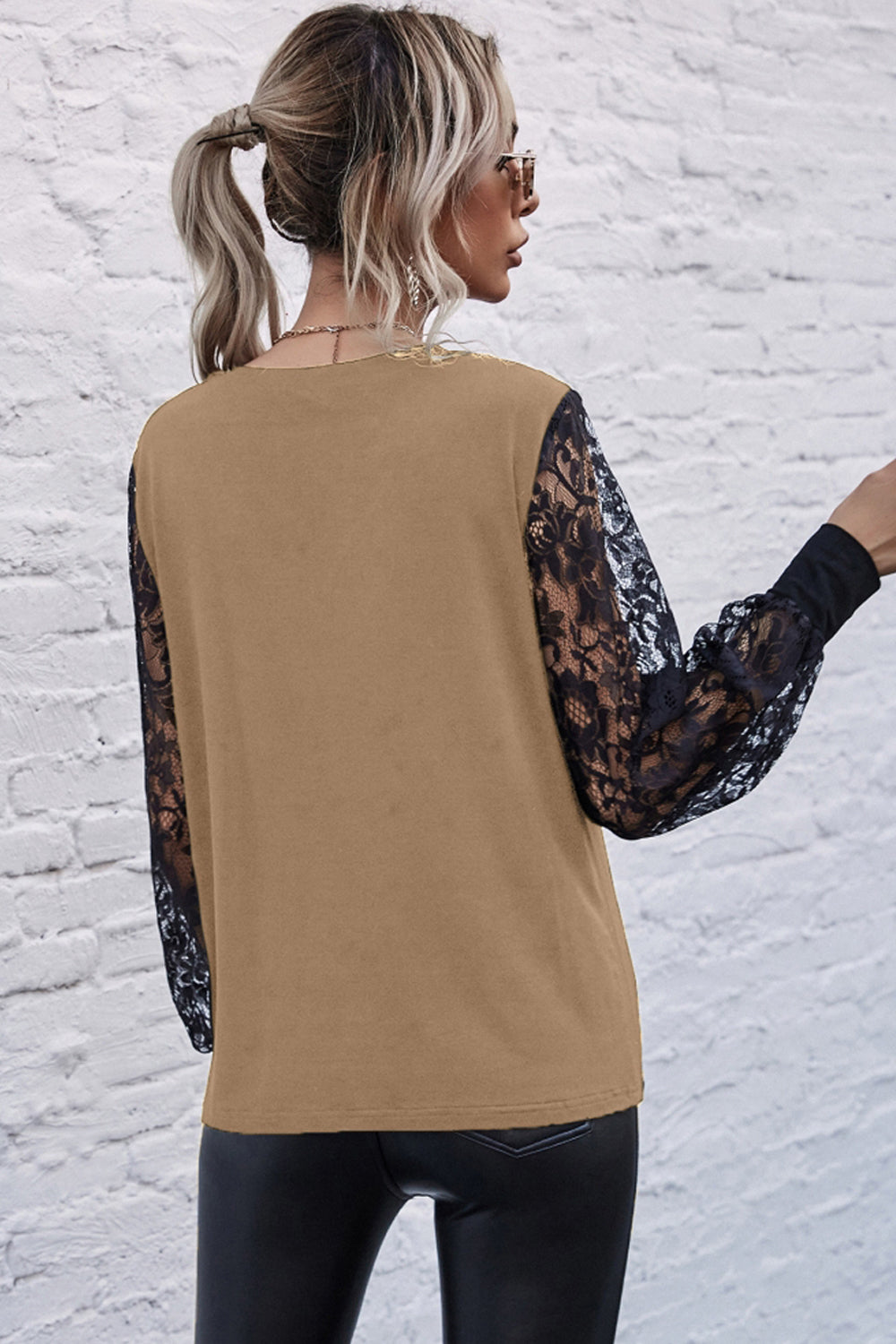 V-neck Stitching Lace Sleeve Top