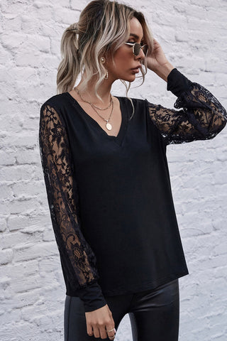 V-neck Stitching Lace Sleeve Top