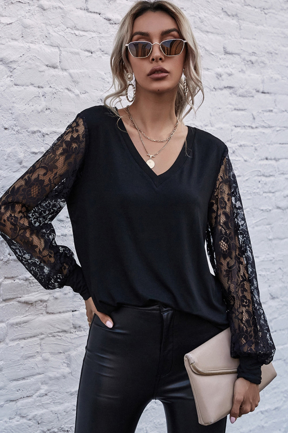V-neck Stitching Lace Sleeve Top