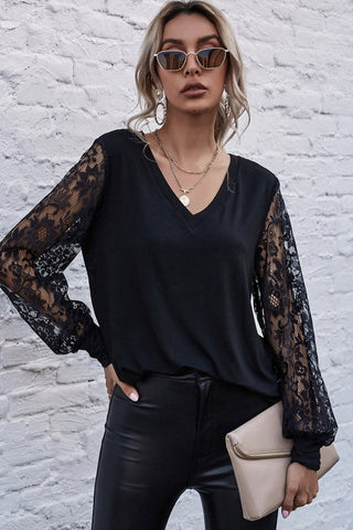V-neck Stitching Lace Sleeve Top