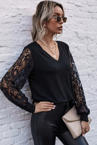 V-neck Stitching Lace Sleeve Top
