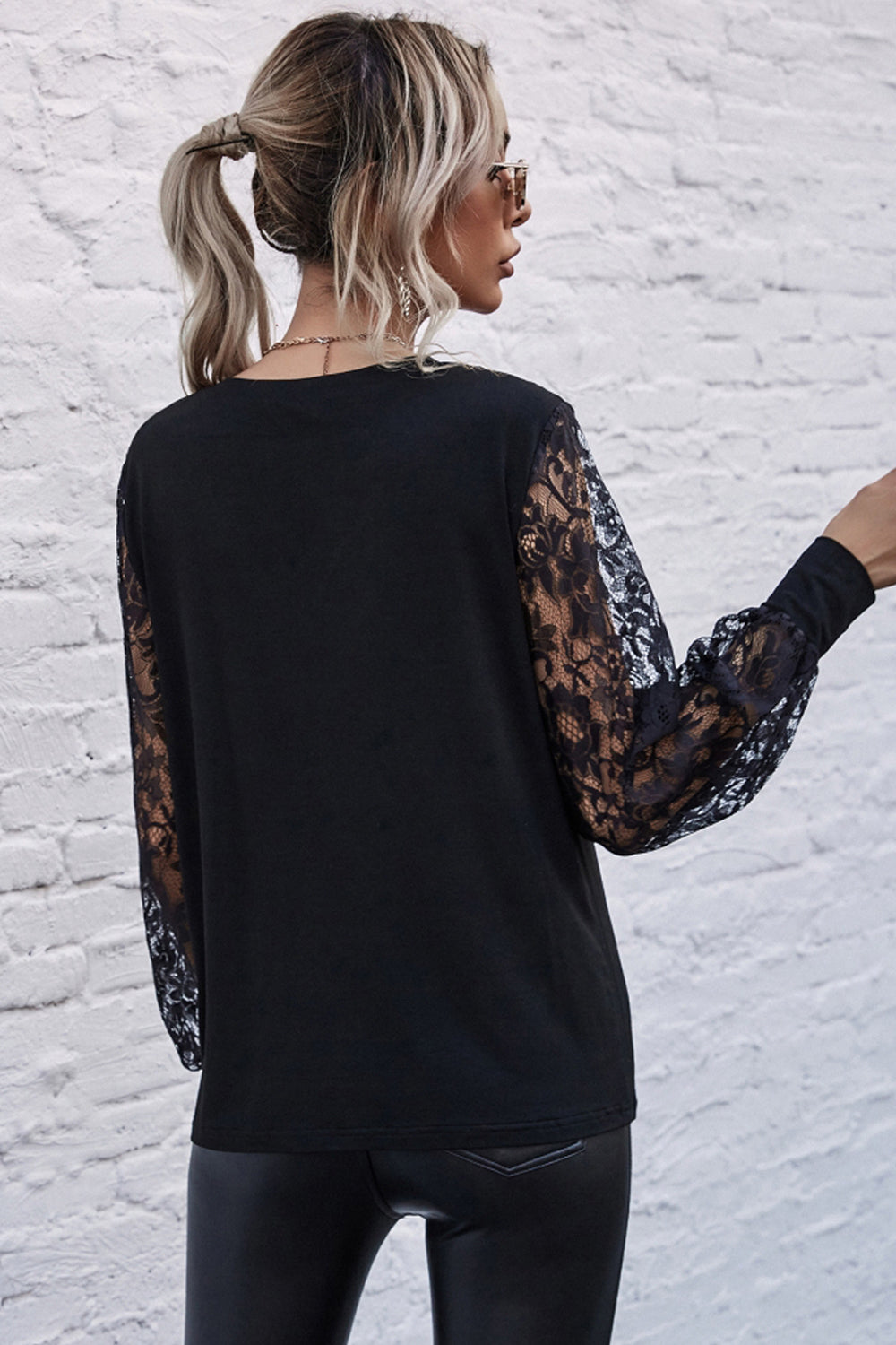 V-neck Stitching Lace Sleeve Top