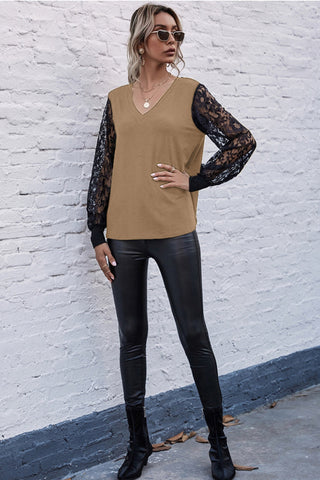 V-neck Stitching Lace Sleeve Top