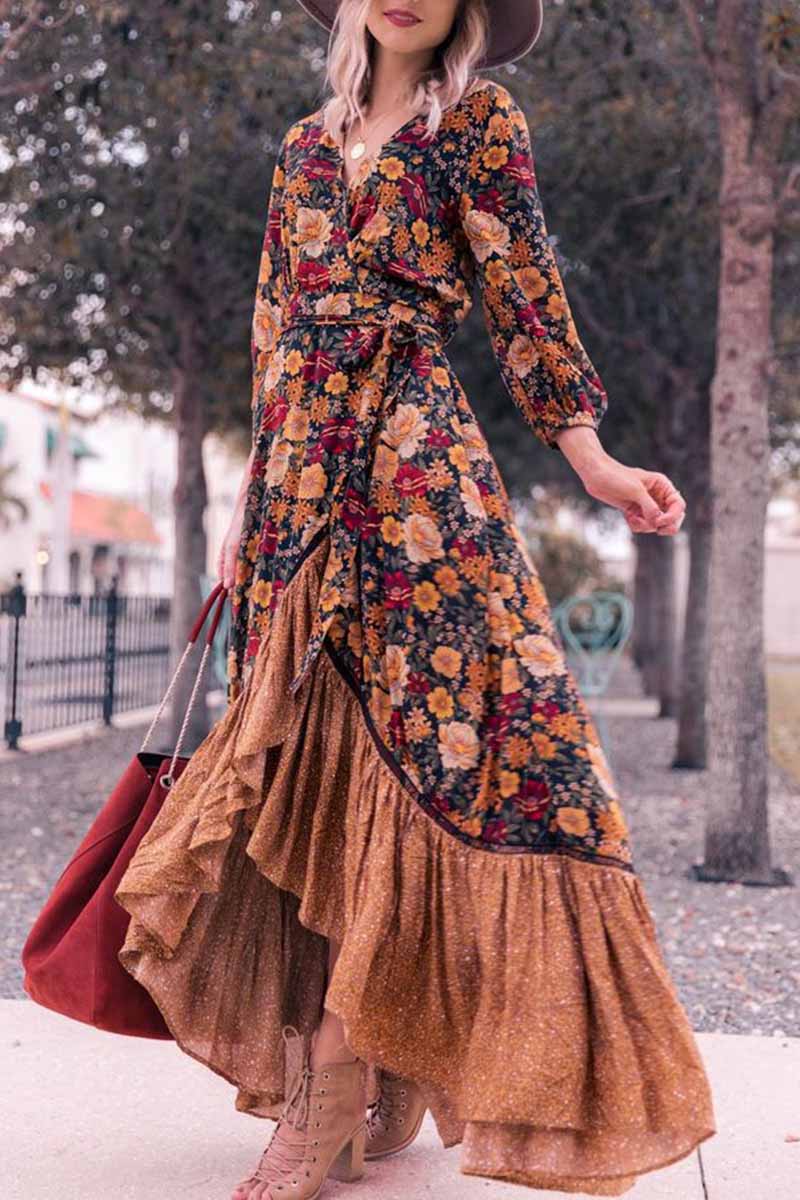 Long Sleeve Print Retro Long Maxi Dress