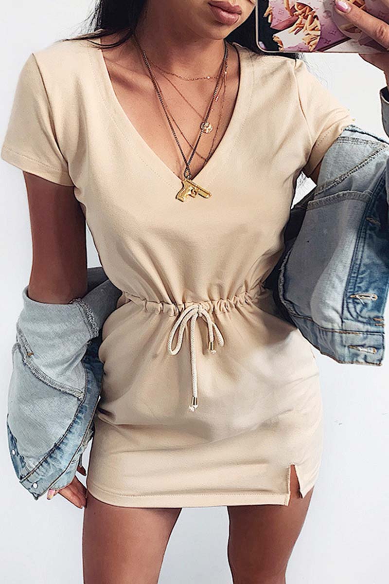 Drawstring Split V-neck Mini Dress